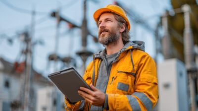 electric coop utilities worker with tablet