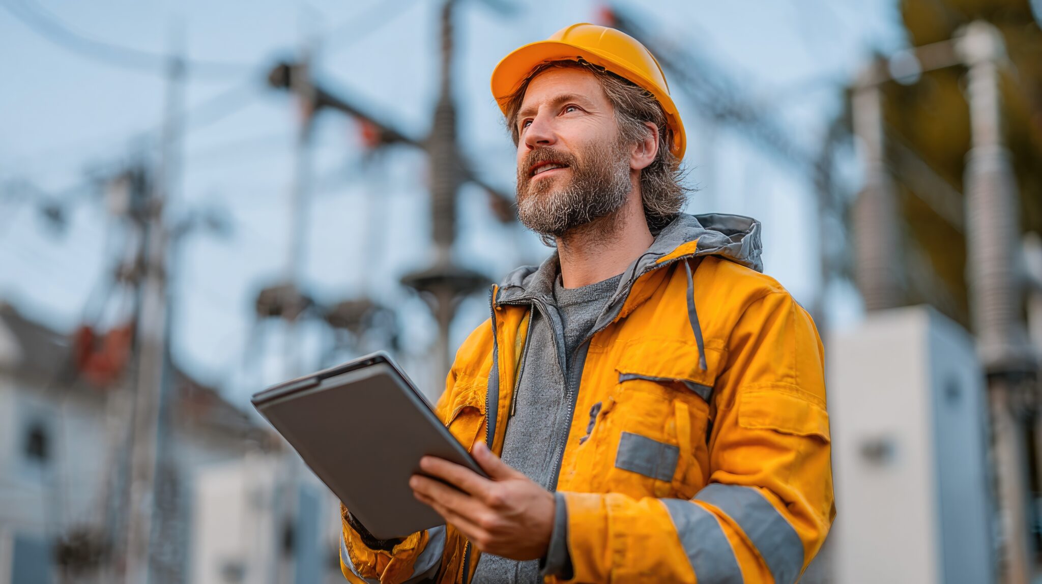 electric coop utilities worker with tablet
