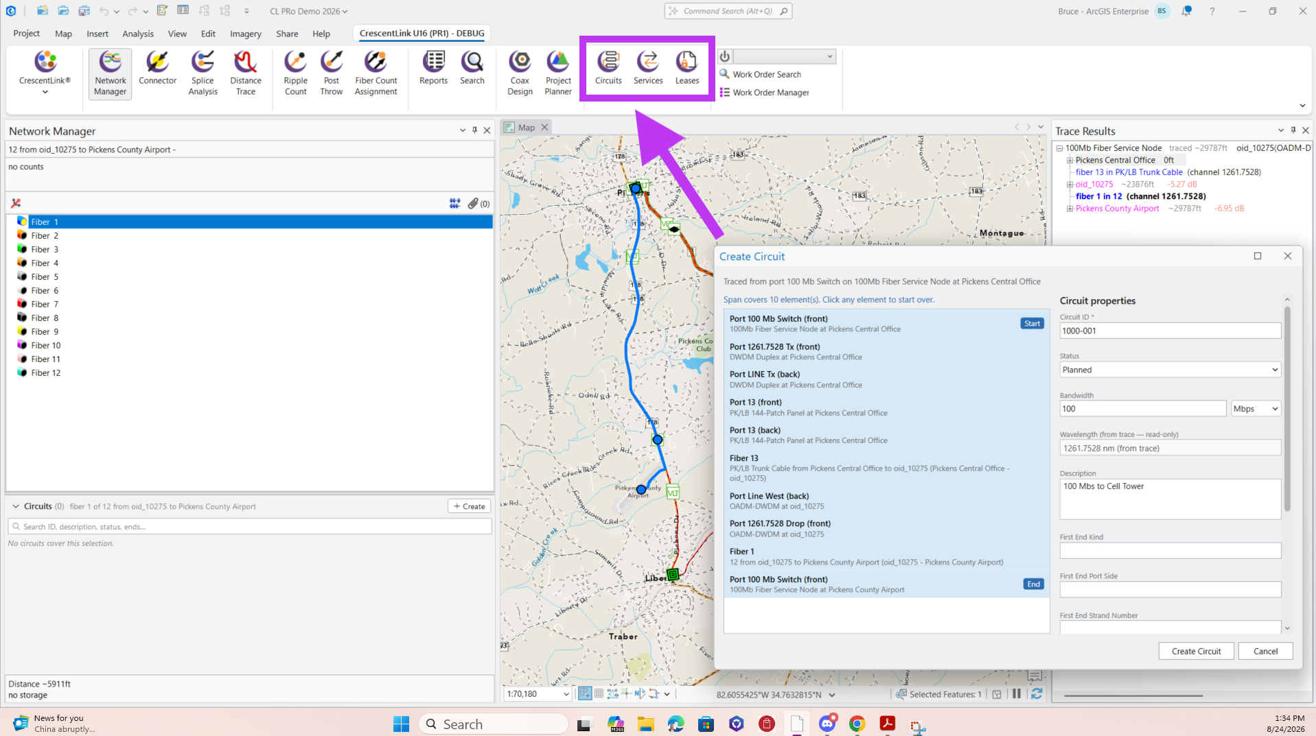 screenshot showing Service Suite tools in CrescentLink GIS fiber mapping software
