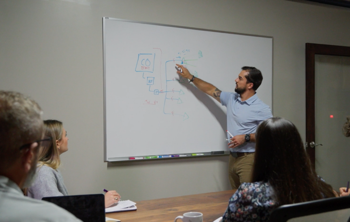 GEOGRAPH COO Grey Pittman leading a team meeting pointing text on a whiteboard
