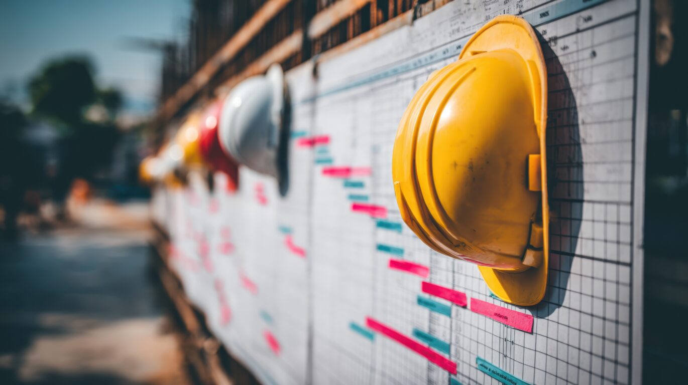 fiber construction timeline on cork board with construction hats hanging beside