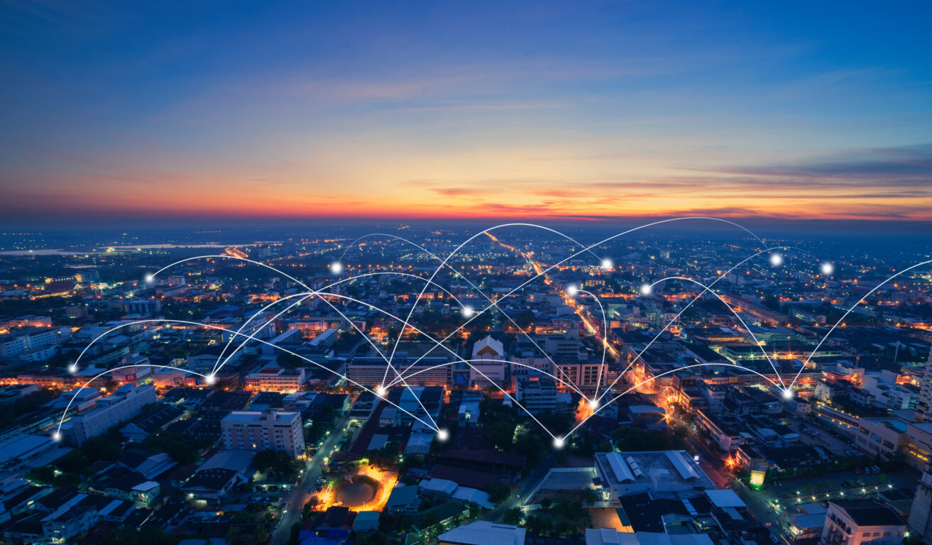 aerial view of a town or city showing fiber connections, wifi, and HFC connections